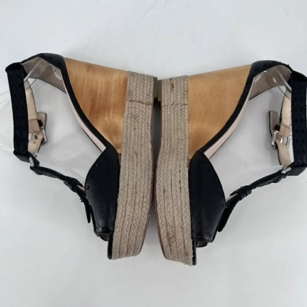 Coach Gala Black Leather Wedges Espadrille Wood Size 10 Peep toe T Strap Sandals